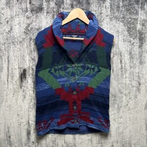 VTG Chaps Sweater Vest Womens Medium Blue Aztec Southwest Cowl Neck Button Front